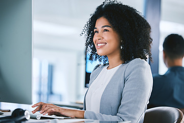 Image showing Woman, computer with tech support and typing email, consultant at desk with smile and online customer service. Contact center, communication and happy female agent with feedback and help at agency