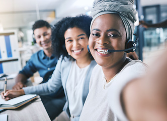 Image showing Diversity, portrait of colleagues with headset and taking a selfie together at their workplace desk with a lens flare. Telemarketing or call center, customer service and coworkers happy for support