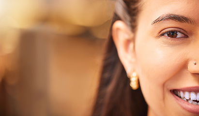 Image showing Happy, beauty and portrait of woman with smile for cosmetics, natural makeup and confidence. Mockup space, dermatology and face closeup of female on bokeh background with smooth, healthy or skin glow