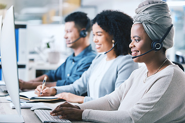 Image showing Customer service, call center and a team at computer with a headset for contact us website. Black woman and employees as crm, telemarketing or sales support agent with headphones, smile and desktop