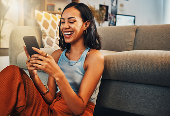 Image showing Woman laughing at chat on smartphone, social media and funny meme with communication and technology. Female person relax at home, using phone and comedy online with streaming and texting on app