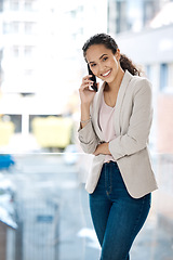 Image showing Phone call, smile and portrait of business woman in office for networking, happy and conversation. Communication app, contact and technology with employee by window for connection and entrepreneur