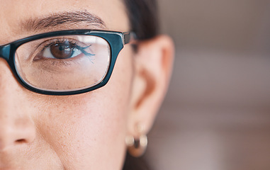 Image showing Business woman, face and glasses closeup of a professional with vision and eyes. Workforce, young worker eye and female person in a office with a staff portrait, lens and frame with mockup at job