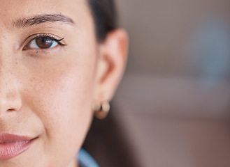 Image showing Business woman, face and closeup of a professional headshot with vision and mockup. Workforce, young worker and female person from France in a office with a smile and happiness from creative job