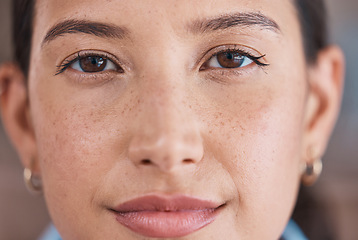 Image showing Business woman, face and eyes closeup of a professional headshot with vision and mockup. Workforce, young worker and female person from France in a office with a smile and portrait with focus