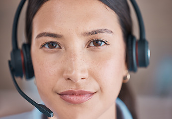 Image showing Business woman, face and call center closeup of a professional headshot with vision. Workforce, worker and female person from France in a office with a portrait on telemarketing and contact us job