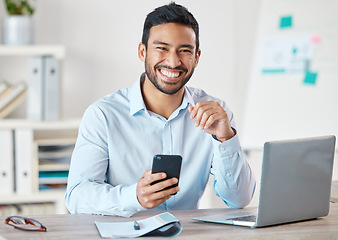 Image showing Simile, phone and portrait of business man in a office with startup and technology. Motivation, worker and happiness of businessman with insurance agency work with mobile text and development at job