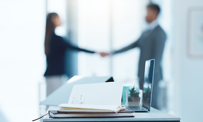 Image showing Handshake, notebook and business people in a office with thank you, deal and agreement. Company team, shaking hands and networking of staff with interview, onboarding and hiring with paperwork