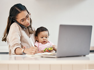 Image showing Phone call, remote work and mother with baby, laptop and pen, busy freelancer worker writing project notes in book. Working at home, woman and child with cellphone, internet search and virtual job.