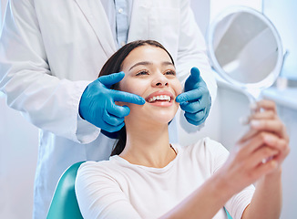 Image showing Dental consultation, mirror and woman with smile after teeth whitening, service or mouth care. Healthcare, dentistry and happy female patient with orthodontist for oral hygiene, wellness and cleaning