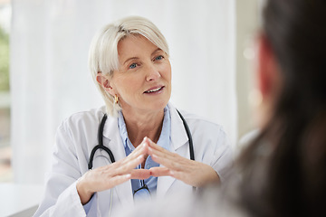 Image showing Patient, doctor and woman in consultation, discussion and diagnosis with treatment, cure and explain health issue. Mature female employee, medical professional and client talking, results and advice