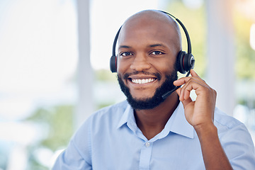 Image showing Black man, portrait and callcenter with phone call and contact us, communication with headset and CRM. Male consultant with smile, customer service or telemarketing with tech support and help desk