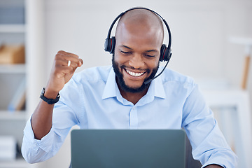 Image showing Black man, fist pump and callcenter worker with win, smile with headset, communication and success with sale. Telemarketing, salesman and winning, happy male consultant with positive customer review