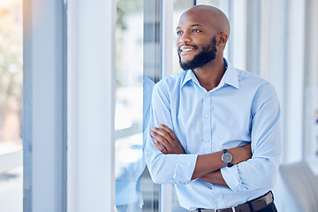 Image showing Black man in business, arms crossed and thinking, professional mindset and mission with view out the window. Career success, vision and happy male person with corporate future and company growth