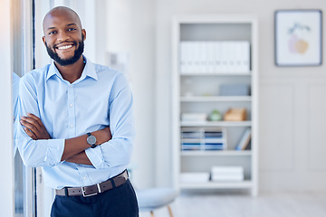 Image showing Black man in business, arms crossed and portrait, professional mindset and mission with confidence. Career success, vision and happy male person, corporate future and company growth with mockup space