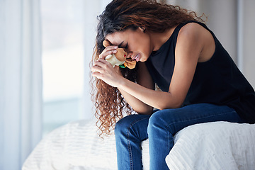 Image showing Crying, depression and woman with teddy bear on bed for grief, miscarriage or mourning death of kid. Sad mother, tears and person in bedroom with pain, anxiety or trauma problem, stress or frustrated