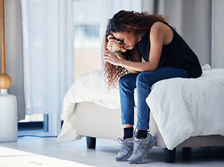 Image showing Depression, crying and woman with teddy bear in bedroom for grief, miscarriage or mourning death of kid. Sad mother, tears and person on bed with pain, anxiety or trauma problem, stress or frustrated