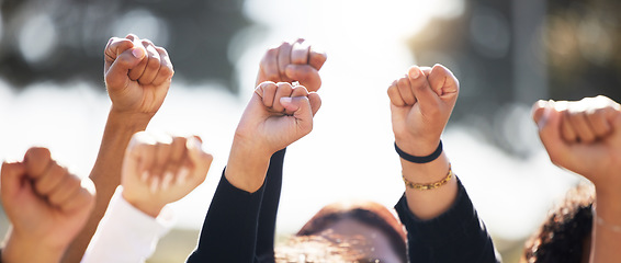 Image showing Closeup, group and protest with solidarity, hands and support for human rights, equality or freedom. Zoom, community or protesters with teamwork, activism or union with empowerment, outdoor and crowd