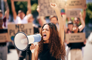 Image showing Woman, megaphone and shouting with protest crowd, change or environment justice in city. Bullhorn, loudspeaker and female leader for sustainability, speech or voice for environment politics on road