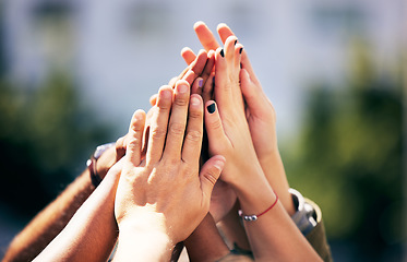 Image showing Community, together and hands for success high five, motivation or goals as a group of friends. Trust, collaboration and people with a gesture for team building, support or celebration of solidarity