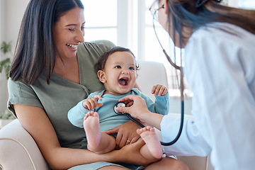 Image showing Mother, baby and stethoscope of pediatrician for healthcare consulting, check lungs and breathing for heartbeat. Doctor, happy infant kid and chest assessment in clinic, hospital and medical analysis