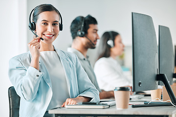 Image showing Woman, call center and microphone in portrait with smile, consulting and customer service agency in office. Girl, telemarketing agent and pride for job, contact us and happy at tech support help desk