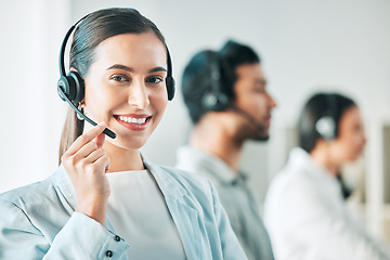 Image showing Young woman, call center and microphone in portrait with smile, consulting and customer service agency. Girl, telemarketing agent and pride for job, contact us or happy at technical support help desk