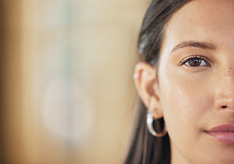 Image showing Half face, mockup and portrait of a woman with clean, glow and healthy skin in a studio. Beauty, natural and closeup zoom of female model by background with mock up space for advertising or marketing