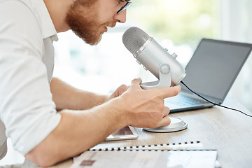 Image showing Podcast, talking and business man on microphone of career advice, news broadcast or web platform in office. Live streaming, computer and person speaking, voice and politics or radio discussion on mic