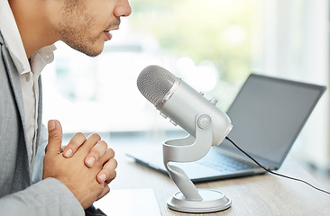 Image showing Podcast, microphone and business man speaking, advice or online broadcast on web 3.0 platform, laptop and office. Serious influencer person, voice, sound and talking news, politics or media on radio