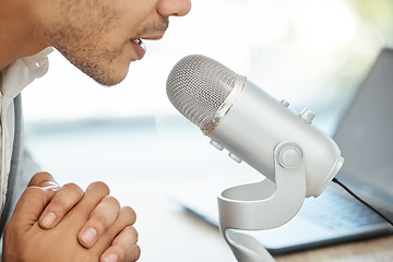 Image showing Podcast, microphone and business man mouth, speaking or online broadcast on web 3.0 platform, tech and office. Advice, speaker and influencer person voice or talking news, politics or media on radio