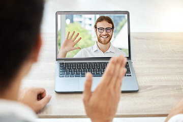 Image showing Video call, laptop and business people for virtual communication, online meeting and remote work. Happy professional man and partner wave hello on computer screen for webinar or team collaboration
