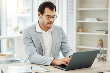 Image showing Computer, typing and business man planning, copywriting and article, newsletter or blog research in home office. Editor, web writer or professional person editing, remote work and working on laptop