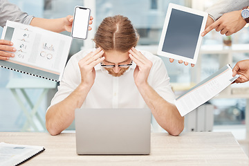 Image showing Stress, chaos and business man headache on laptop, documents and phone call, documents and burnout in office. Mental health, people hands and manager with fatigue, tablet screen and cellphone mockup