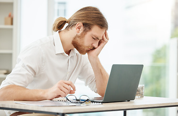 Image showing Tired, headache and business man on computer for stress, burnout and mental health problem, fail or crisis. Pain, fatigue and office person with depression, anxiety or mistake, wrong email and laptop