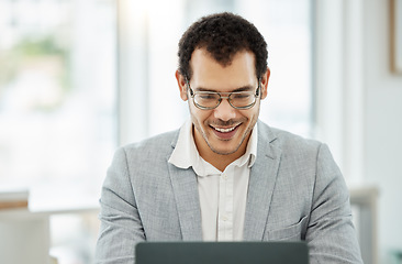 Image showing Computer, excited and business man reading news, email or feedback for finance, company bonus or job opportunity. Happy professional person working on laptop in office for results, sales or surprise