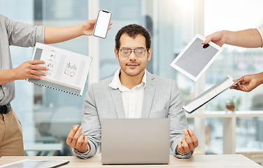 Image showing Calm, multitask and meditation of business man on laptop, documents and phone call or tech in office. Mental health, time management and wellness of professional manager, computer and people hands