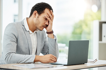 Image showing Stress, tired and business man on laptop for headache, burnout and mental health problem, fail or crisis. Pain, fatigue and office person with depression, anxiety or mistake, wrong email and computer