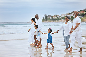 Image showing Family walk on beach, holding hands and generations, tropical vacation in Mexico, travel and trust outdoor. Grandparents, parents and kids, happy people with adventure and tourism with mockup space