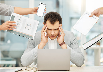 Image showing Headache, chaos and business man stress on computer, documents and phone call, paperwork and burnout in office. Mental health, people hands and manager for fatigue, tablet screen and cellphone mockup