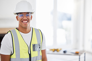 Image showing Portrait, contractor and man with a smile, construction and building project with vest, helmet and architecture. Face, male person and handyman with industrial success, professional and entrepreneur