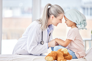 Image showing Cancer patient, child and doctor holding hands for support, healthcare courage or empathy, love and healing in hospital bed. Happy girl or sick kid and pediatrician or medical person helping together