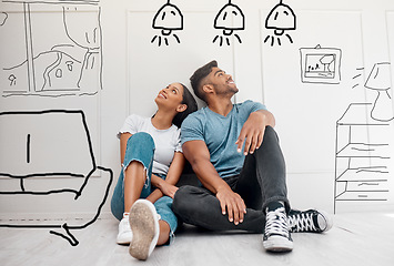 Image showing Interior, drawing and couple dreaming of new home inspiration with thinking and sketch. House planning, illustration and young people together with design fantasy and homeowner dream and idea