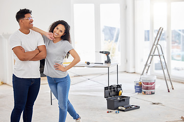 Image showing Maintenance, renovation and portrait with a couple in their new home together for a remodeling project. Construction, real estate or diy property improvement with a man and woman bonding in a house