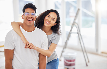 Image showing Portrait, renovation and diy with a couple in their new home together for a remodeling project. Construction, real estate or property improvement with a man and woman bonding over house maintenance