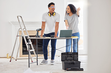Image showing Maintenance, laptop and diy with a couple in their new house together for a remodeling project. Construction, real estate or property improvement with a man and woman planning a home renovation