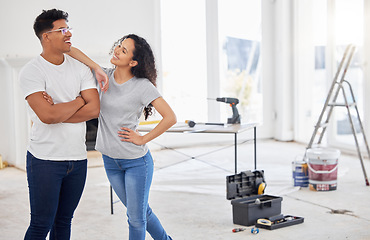 Image showing Maintenance, renovation and diy with a couple in their new home together for a remodeling project. Construction, real estate or property improvement with a man and woman bonding in their house