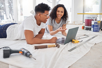 Image showing Laptop, renovation and diy planning with a couple in their new house together for remodeling design. Construction, real estate or property improvement with a man and woman discussing a home project