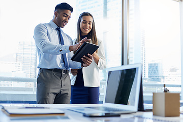 Image showing Business man, woman and tablet in team discussion, planning or schedule with secretary in modern office. Indian businessman, touchscreen and data analysis with partner, receptionist or manager at job