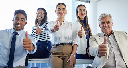 Image showing Business people, teamwork and thumbs up in office portrait for agreement, motivation or diversity. Men, women and together with yes, icon and emoji in solidarity, smile or support at finance agency